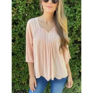 PURPLE SNOW Blouse Womens Size L Light Peach Pink Crochet V Neck Tie Front Bohem